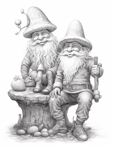light gray and bubbles, two humanoid gnomes are sitting on a huge mushroom, highly detailed clipart, hdr, 32K, photo expert quality, greatest for coloring realistic, hyperrealistic and highly detailed, coloring book pages, isolated on a white background