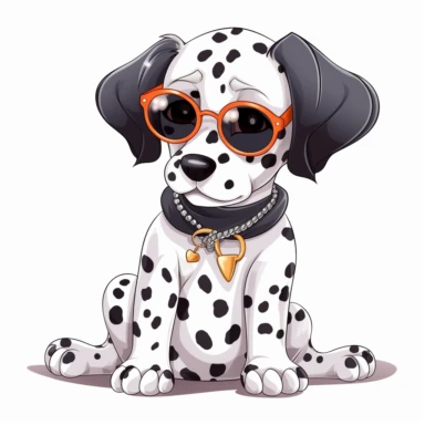cute funny kawaii Dalmatian Puppy with Balenciaga sunglasses and cool necklaces, cute illustration, clipart, white backgound, Cuttable Design,full body