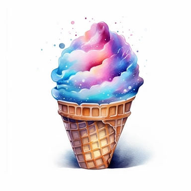 cosmic ice cream in a waffle cone bowl clipart, watercolor style, hyper realistic, detailed, white background