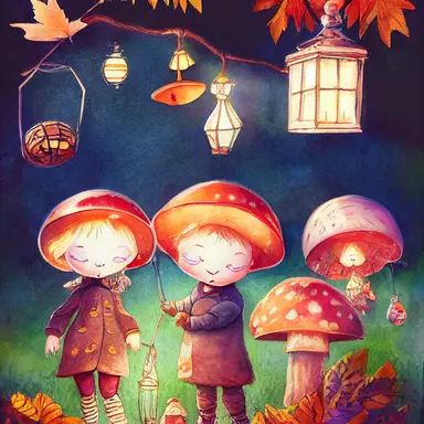 children in autumn clothes on a lantern parade, toadstools, waldorf, martinmas, chalk, watercolor, clipart, white background, cartoon