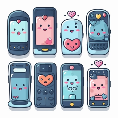 Unleash your creativity with a Kawaii style clipart set of cellphones with smiling faces and holding hearts. Kawaii.