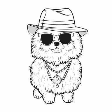 a pomeranian dog walking dressed like a 70s pimp, fedora, feather, sunglasses, chain necklace, black and white, simple, clean design, clip art, line art, no background, white background, kids coloring book style