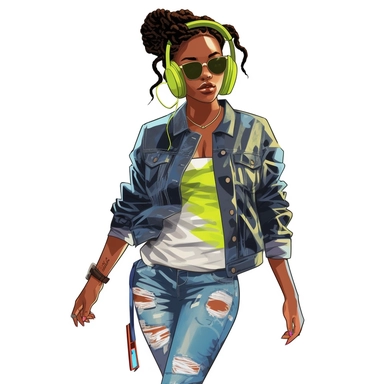 Fashion girl African American illustration clipart isolated white background, dressed in an edgy urban outfit that includes a denim jacket with badge details, graphic tee, ripped jeans, complemented by neon green headphones around her neck and a graffiti-inspired skateboard under her arm, set against an unblemished white background, the illustration exudes a strong sense of youthful energy, rebellion, and freedom, Digital illustration, raster-based artwork created with clear, crisp lines and a m