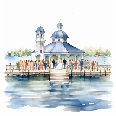 watercolour wedding ceremony on the water, clipart on white background, highly detailed, professional color gradation, clean sharpness