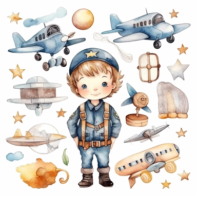 cute kawaii plane pilot , watercolor white background clipart set single elements with margin