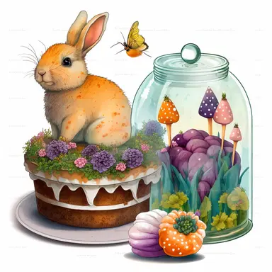 a realistic cute bunny eating a carrot in a glass dome, patterned Easter eggs on a stand, candles and easter muffins, watercolor effect, realistic figures , kids story style, soft colored view , fantastic scene, small colored flowers and lavender , white background , suitable for digital clipart