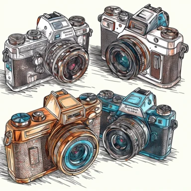 clipart collection of a set of four digital camera ,highly detailed, crisp sharp lines , istock, clip-art, ,, 2070s, steel, , how-to, , harmony of, marker”, , 4, instrument, ultimate, 5, movies, three - dimensional , high quality vector svg white background , organised in rows spaces gap orderly