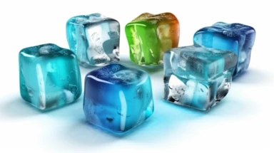 3d render, ice cubes collection, clip art isolated on white background. Frozen water assorted shapes, Bright color, realistic