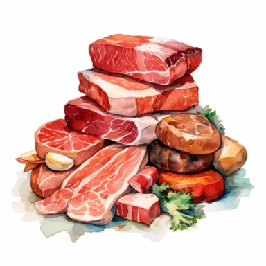 a small pile of insanely beautiful meat, watercolor, bu beatrice potter,clipart on white background