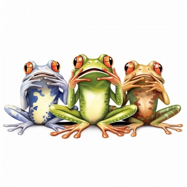 Cute Beautiful Funny three frogs cover their mouths, cover their ears and blindfold Sublimation Clipart,Cartoon, hyper realistic, intricate detail, illustration style,high solution,on the white background