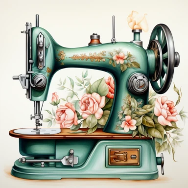 watercolor vintage sewing machine with intricate details, such as decorative motifs or floral patterns on the body, pastel colors pink and mint, high quality, clipart, white background