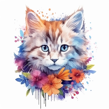 Beautiful colorful kitten on flowers, summer vibes, hand drawing digital art, clean design, sublimation, colorful, watercolor style, white background, 4K, extremely detailed, clipart