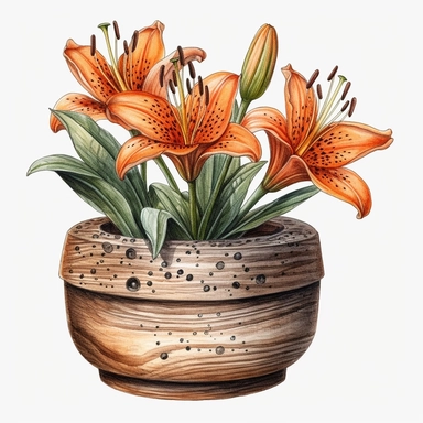 Realistic Tiger Lily flowers in a tiny wooden pot, watercolor clipart, isolated white background, high resolution, very detailed, 32k