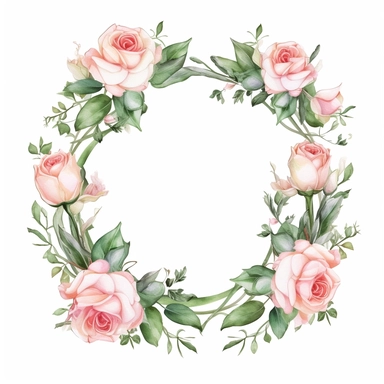 watercolor, hyper realistic, white background, white margins, 16k, ultra detailed clipart, cut out image, hand-drawn, whimsical manhwa style, ultra HD, sharp and clean art a garland made of intertwined roses and leaves, perfect for adding a romantic touch to borders or headers. Soft Pink and Emerald Green - Create a romantic and enchanting atmosphere with a color scheme consisting of soft pink shades for the roses and lush emerald green for the foliage
