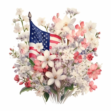 American flag with spring flowers. USA independence day. 4th of July, The illustration should be in the style of dreamy watercolor florals, inspired by the works of artists like Vytautas Kairiukstis, Villagecore, Kathrin Longhurst, and Christian Schloe. The color palette should predominantly feature white and pink, with a touch of flower power. The aspect ratio of the illustration should be 3:2. Be sure to include vintage truck clipart in your design, and dont forget white background, NO BACKGRO