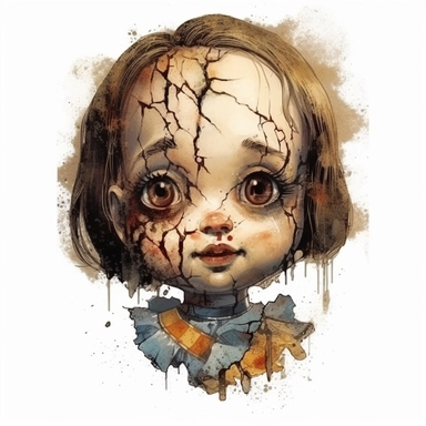 a headshot showing the scary face of a possessed antique doll with cracks, watercolor, ultra high-detail, dark outlines, clipart