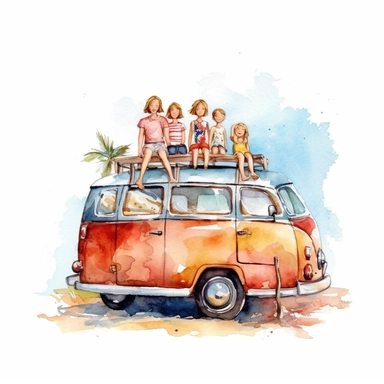 watercolor colorful clipart of a happy family road trip, hd, on white background