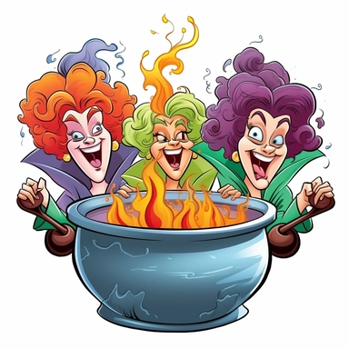 cartoon Sanderson sisters, clipart, white background cauldron I put a spell on you