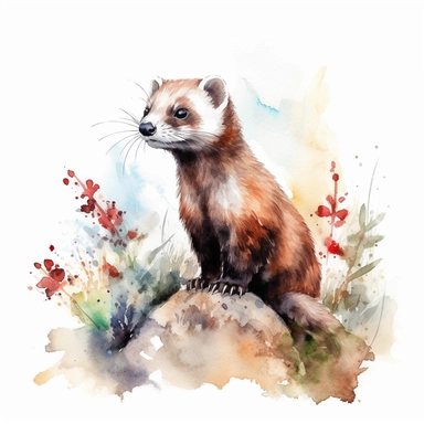 watercolor illustration of a ferret in nature clipart, in the style of realistic watercolor paintings, realistic, detailed, bright colours, white background, clipart
