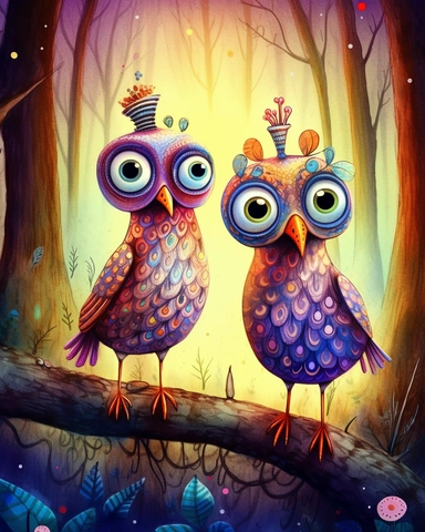 Clipart. A couple birds in the forest. children book illustrations, background white, Cartoon–cute or childlike, Whimsical illustrations, charming, childlike, carefree, dreamy, fun and colorful, 3D rendering, 8k, cinematic lighting effect, cute, watercolor, cute and quirky, fantasy art, bokeh, hand-drawn, digital painting, soft lighting, bird's-eye view, vibrant vector , seed1