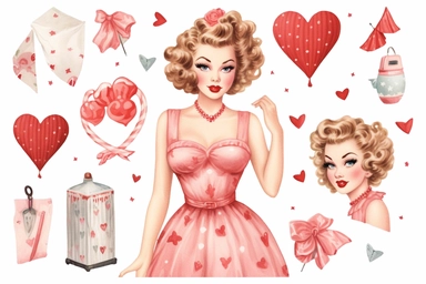 1950s Pin up girl valentines day watercolor clipart