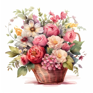 Fairytale style flower arrangement in the magical basket with watercolor effect,suitable for digital clipart,white background,fairytale scene,soft colors,fairy twinkles, soft red, soft pink Clipart ,Cartoon,hyper realistic, intricate detail, illustration style,high solution,on the white background