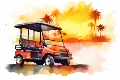 watercolor, golf cart driving into sunset clipart, HD, on white background, spaced out