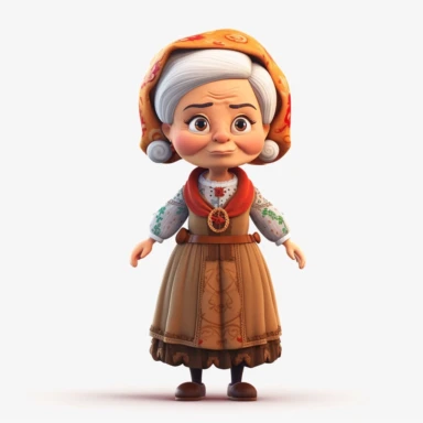 front view of an animated portuguese old lady standing wearing portuguese traditional clothes character design, full body, drawing a face in maximum quality, high-quality drawing of the face,clipart, full Illustration, 4k, sharp focus, smooth soft skin, symmetrical, detailed face, concept art, style fairy tales, chibi kawaii, . Octane rendering, 3d, perfect face, detailed face, delicate face, perfect sharp lips, detailed eye