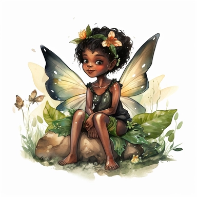 ultra beautiful cute baby girl black skin fairy elf, pixie with beautiful buttefly style wings in a sitting position holding a flower in the woods clipart, water color illustration, mary cecily baker style ,white background
