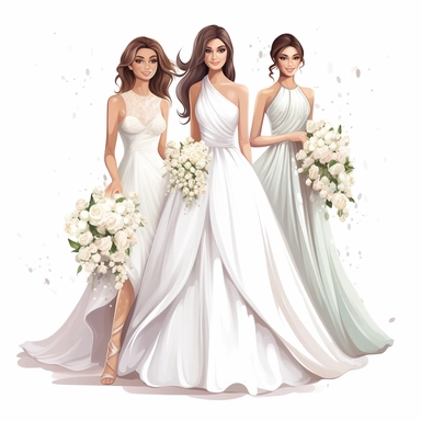 Wedding bride with bridesmaid, fancy dresses, vector clipart, white background