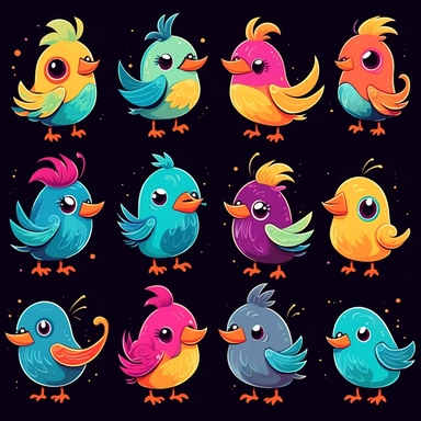 cute cartoon bird clipart, black background,--no cut off edges