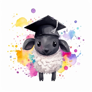 cute black sheep in the graduation hat, detailed, cartoon style, 2d watercolor clipart vector, creative and imaginative, party confetti, hd, white background