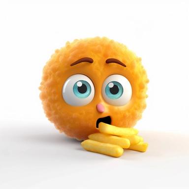 cute fried Nuggets character. Nuggets, cartoon, eye, illustration, funny, character, fast food, food, unhealthy, cute, face, fun, goofy, three-dimensional , Clipart, white isolated background, space out, hd, 8k, realistic