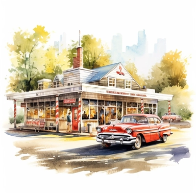 A charming roadside diner with vintage cars parked in front, serving classic American comfort food, american style, clipart, watercolor