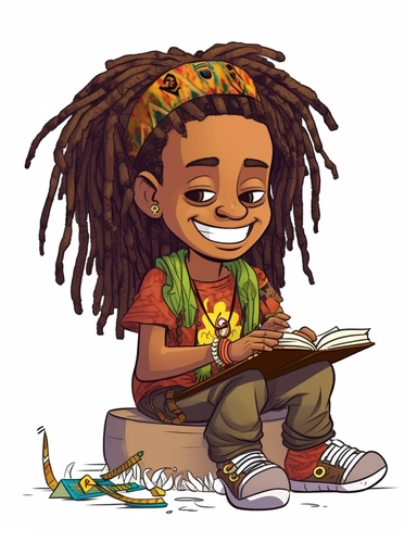 cute cool smiling black boy with wild colorful dreadlocks, reading sitting, chibi style, jewelry, hip hop clothing, hands in pocket, clipart, whole body, white background,