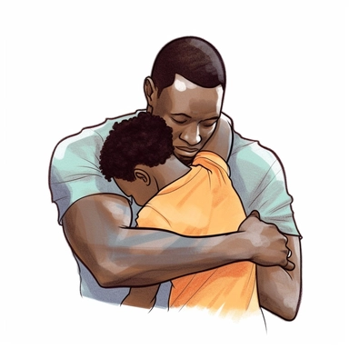 Father's Day Hug: Illustrate a heartwarming clip art image of a black dad receiving a tight hug from his female child or children. This clip art can represent the love, gratitude, and affection that children have for their fathers on Father's Day.