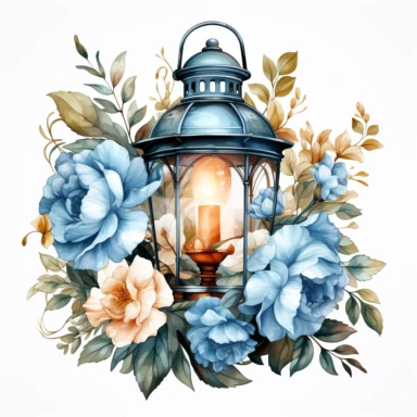 hyperrealistic ultra detailed watercolor clipart, floral fantasy lantern with a candle lit, white background, in the style of digital print, clipart, illustration, sticker, ultra high definition, rich details, 32K, HD