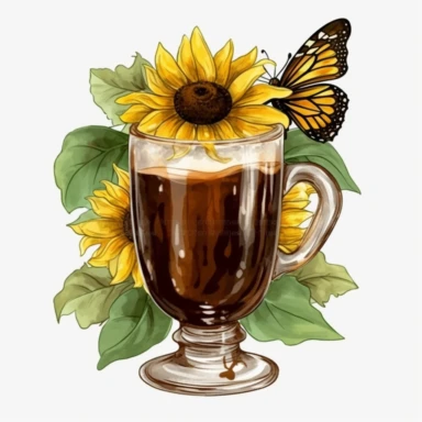 irish coffee glass, sunflowers, butterfly, western, clip art, isolated
