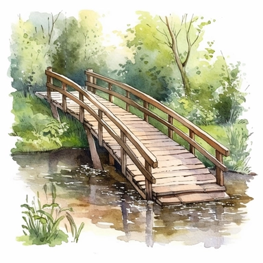 watercolour, wooden bridge over creek, summer, detailed, clipart white background