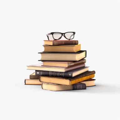 Clipart featuring open books, stacked books, bookshelves, reading glasses, bookmarks minimalist isolated with white background no shadow, 8k