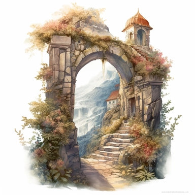 watercolor mixed media fantasy art of a arch from the castle, through the door you can see a landscape with an roses garden and a road stretching away into the mountains, richly decorated with roses, provence, masterpiece by Ivan Fedorovich Choultse style and by Rodney Matthews style and by Vladimir Kush style, Baroque Architecture, PNG clipart, isolated on white, extreme photorealistic details, 32k HD resolution, realistic high detailization high resolution