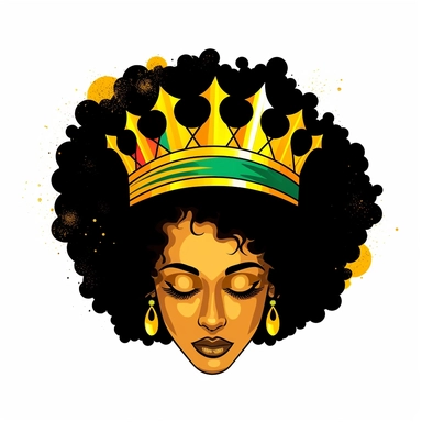 Clipart style, close in the face of a black woman. Her eyes are closed. Her eyelids are colored with the colors of the jamaica flag. She have a golden crown in her black powerful bioluminescent afro hair on a white background