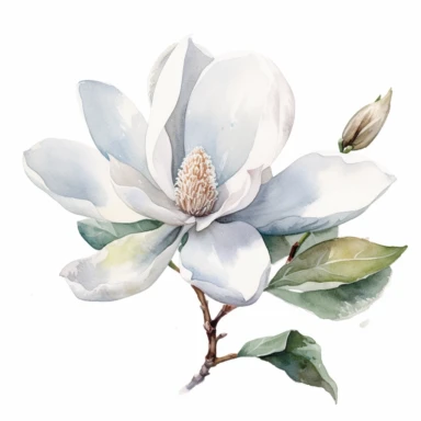 clipart magnolia, watercolor, white background, silver sequins