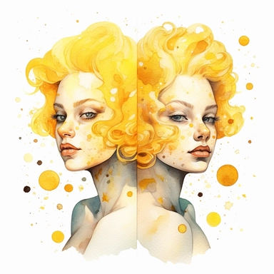 gorgeous gemini woman illustration in watercolor, yellow, pop surrealism, clipart, white background