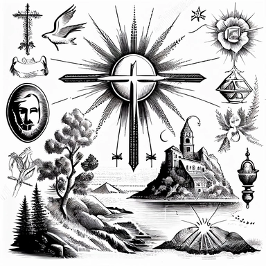 A black and white vector drawing of a variety of protestant christian objects including Bethlehem star, Crosses with rays, Shepherd's crooks, Fish and nets, Crowns of thorns, Worship hands, Dove with a branch, Mountain landscapes with a cross, a detailed drawing inspired by Josef Navrátil, Anno Domini, black and white vector art, clipart, highly detailed vector art, coherent, white background