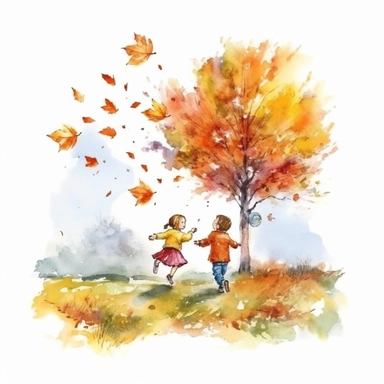 watercolor style, realistic autumn scenery, kids throwing leaves under the autumn tree, kids close up, clipart, isolated on white background, 4K