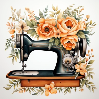 watercolor, retro sewing machine, clipart, floral, white background