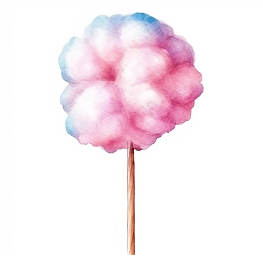 watercolor, illustration clipart, of cotton candy on a stick, found at a circus, isolated on a white background