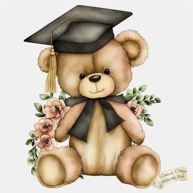 cute watercolour Teddy bear graduate flowers, black and gold, Clipart isolated,