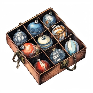 Ella bailey watercolour illustration with black gel pen outline style box of vintage christmas ornaments, high definition, 8k, insanely detailed, fine detail, sharp focus, illustration, white background, isolated clipart vector